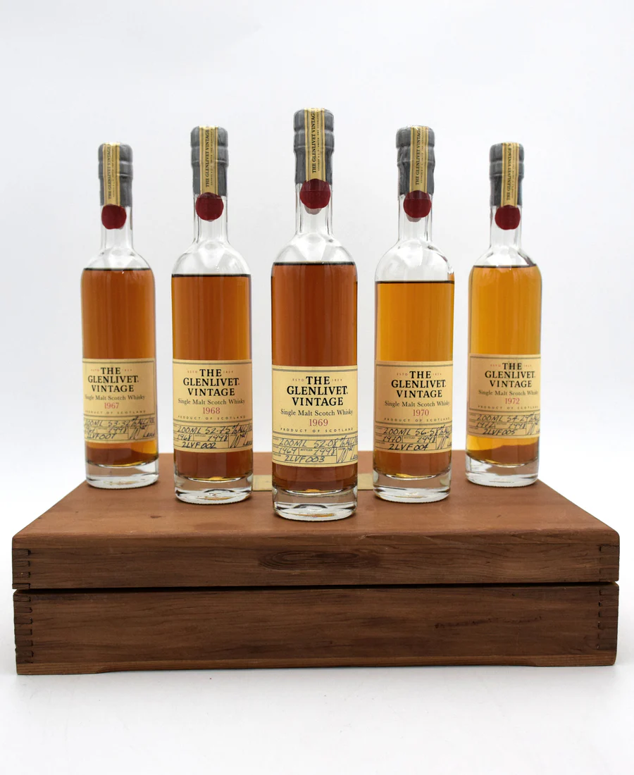 Glenlivet 'Vintage Collection' Mini Set Single Malt Scotch - Wooden Box (Set 5 x 200ML of 1967, 1968, 1969, 1970, 1972)